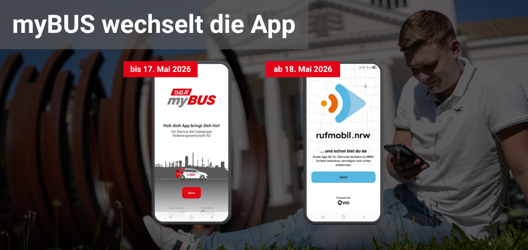 Zwei Smartphones zeigen den Wechsel von der myBUS-App zur rufmobil.nrw-App ab dem 18. Mai 2026