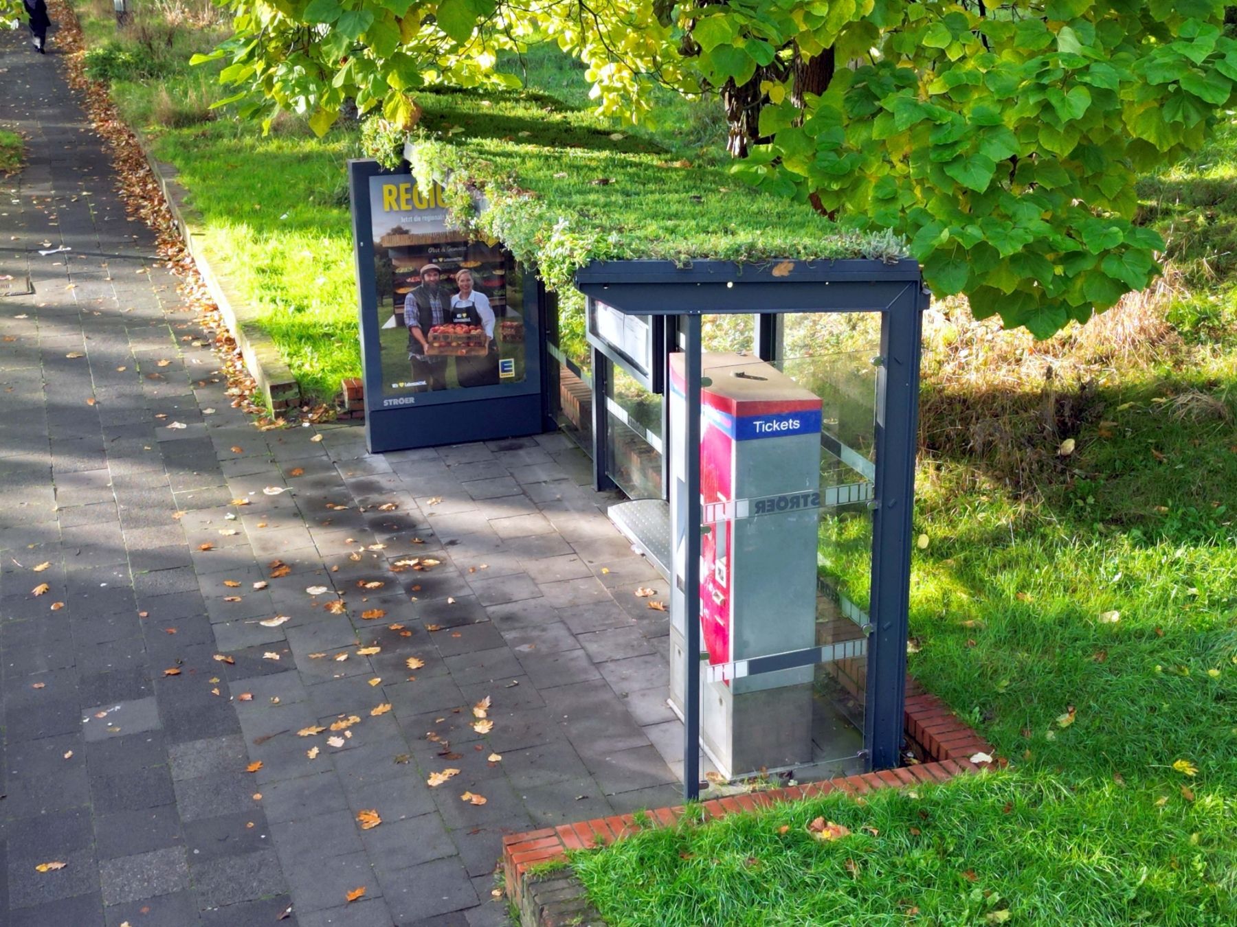 Begrünte Wartehalle an Thyssen Tor 30 mit Ticketautomat.