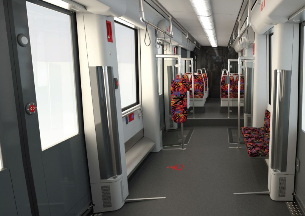 Visualisierung eines Innenraums einer neuen Straßenbahn bei der Endausstattung