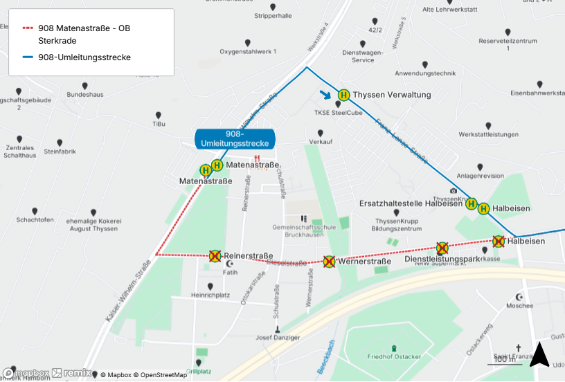 Karte der Umleitung der Linie 908 in Bruckhausen