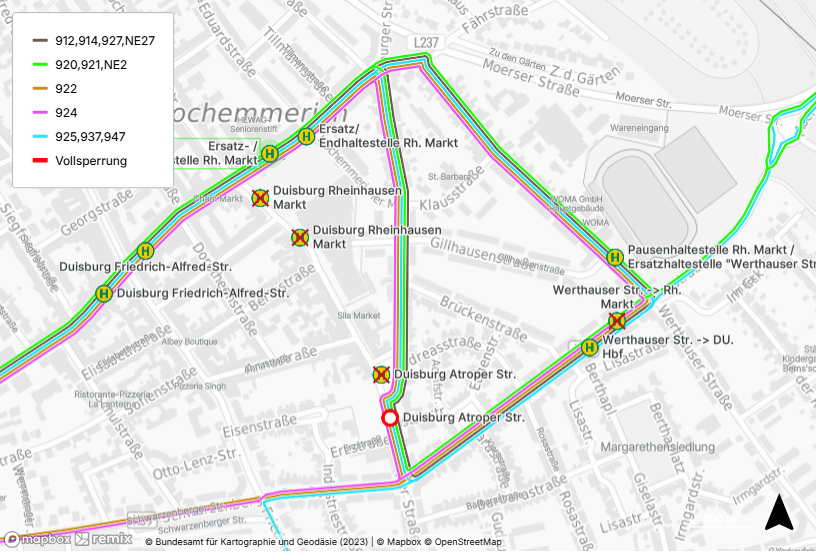 Karte der Umleitung der Linien 912, 921 und 937 in Rheinhausen