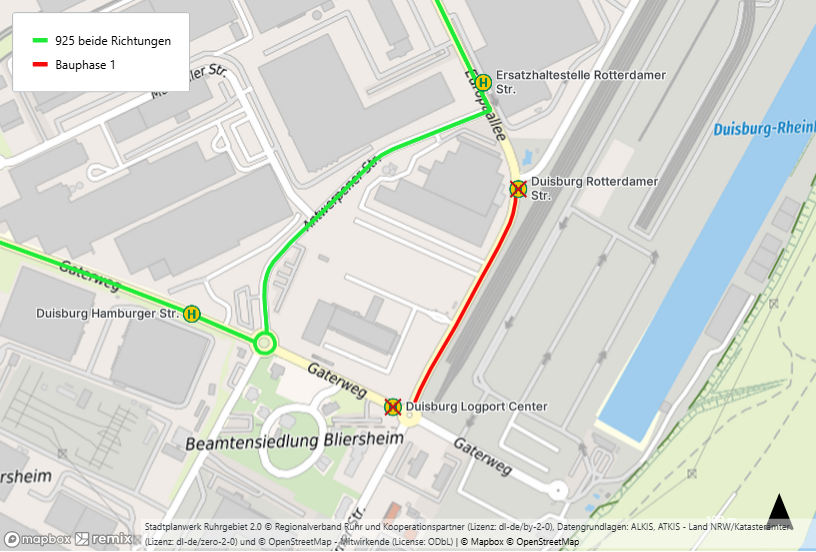 Karte der Umleitung der Linie 925 in Rheinhausen
