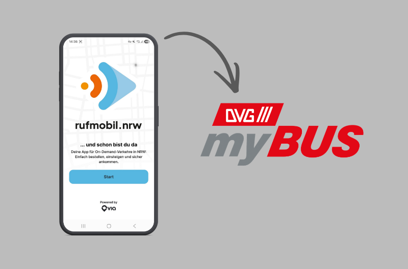 Ein Smartphone mit der rufmobil.NRW-App, daneben das myBUS-Logo. Ein Pfeil führt vom Smartphone zum Logo.