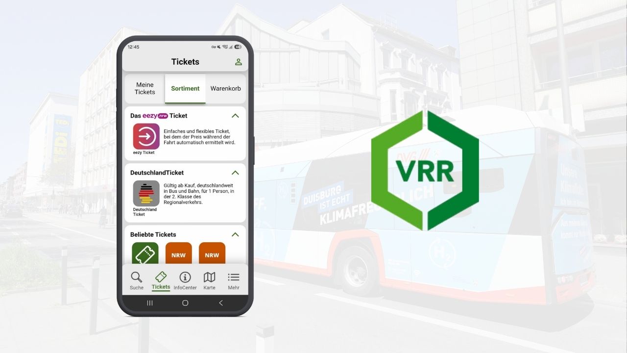 VRR-App mit Ticketübersicht und VRR-Logo vor hellem Hintergrund