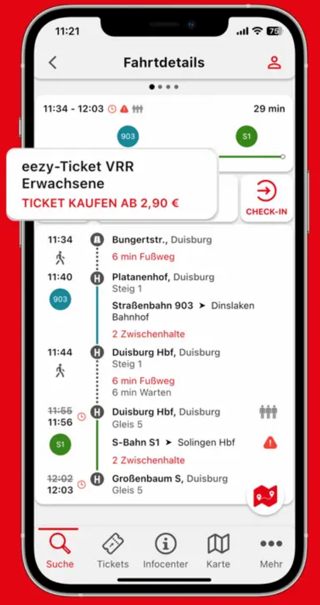 Screenshot der myDVG Bus & Bahn-App mit Fahrtauskunft und hervorgehobenem ezy-Ticket.