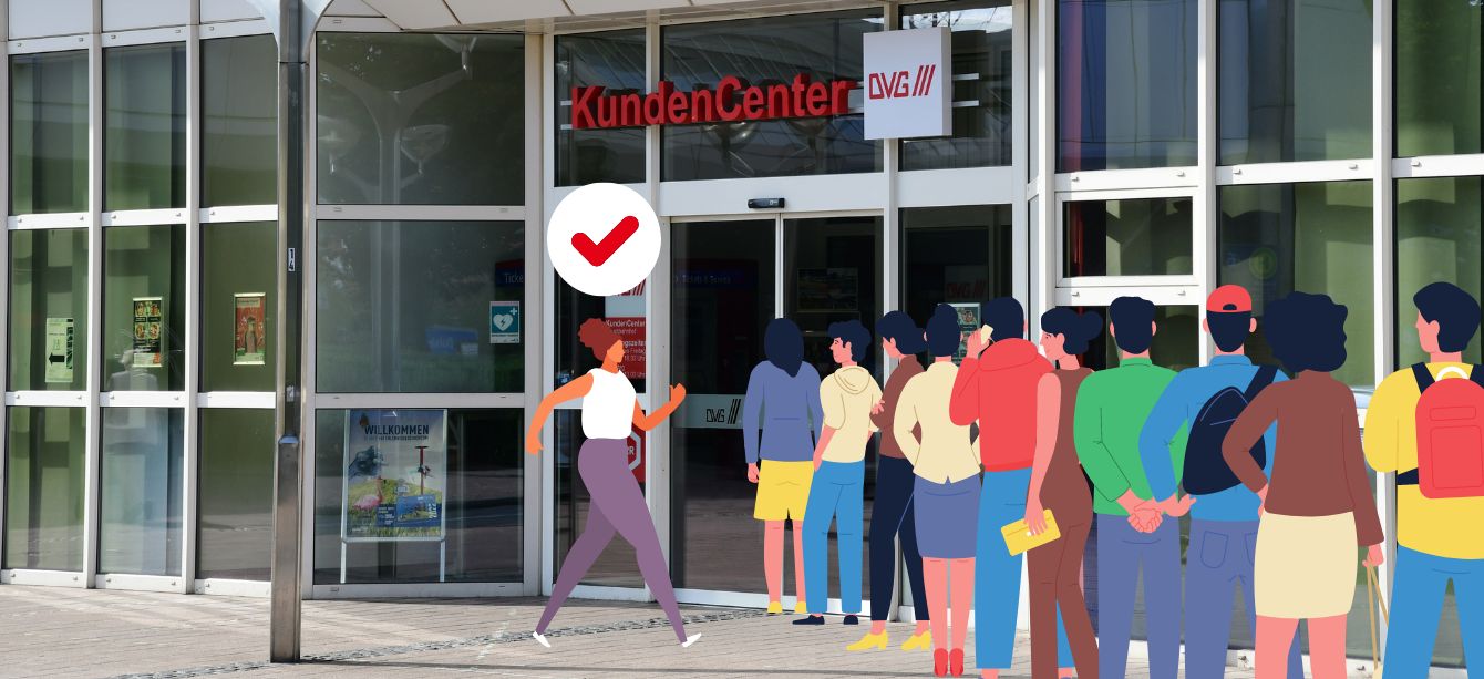 Foto Kundencenter DVG mit Meschenschlange als Visualisierung