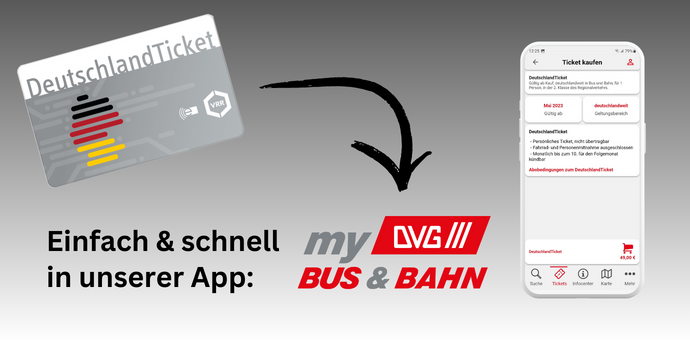 Grafik zum Deutschlandticket mit Text "Einfach & schnell mit unserer App – myDVG Bus & Bahn-App